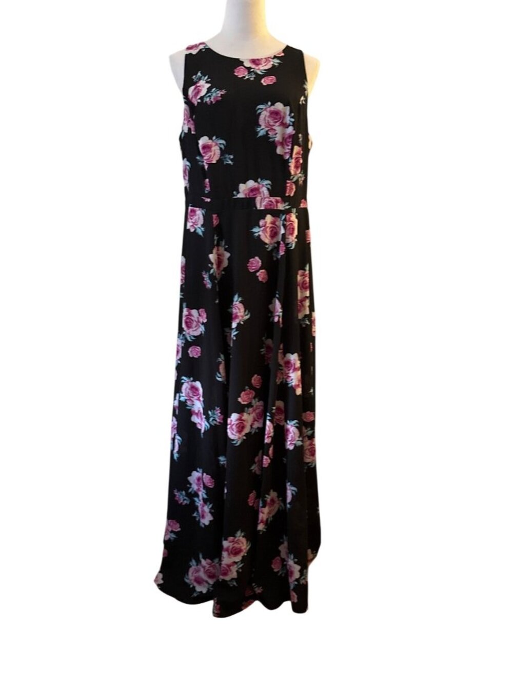 Torrid Floral Maxi Black with Pink Roses Sleeveless Summer Dress Size 12